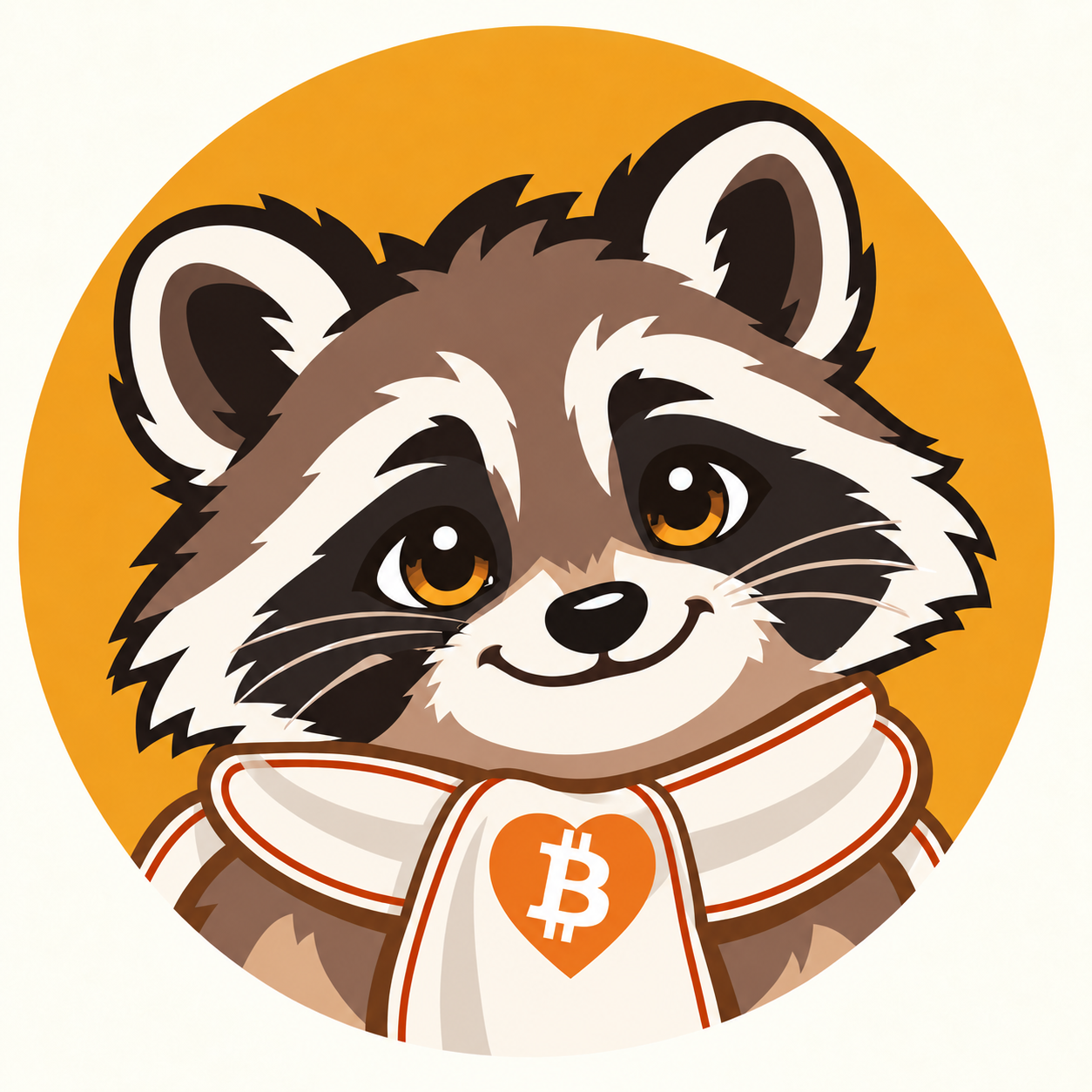 The Racoono mascot wears a scarf with a white Bitcoin symbol inside an orange heart.