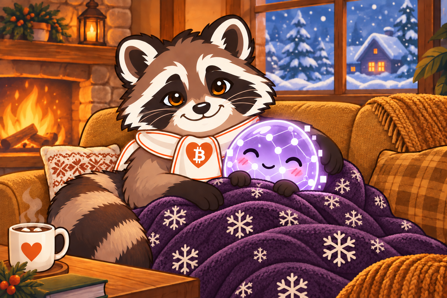Racoono, wearing a Bitcoin-heart scarf, hugs a glowing violet digital companion under a plum blanket beside the fireplace.